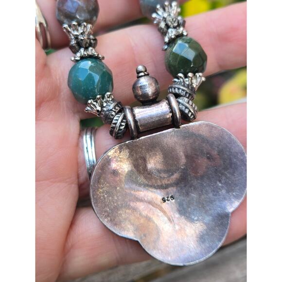 VTG Sterling Silver Aventurine Green Quartz Tribal Pendant Statement Necklace - Picture 10 of 10